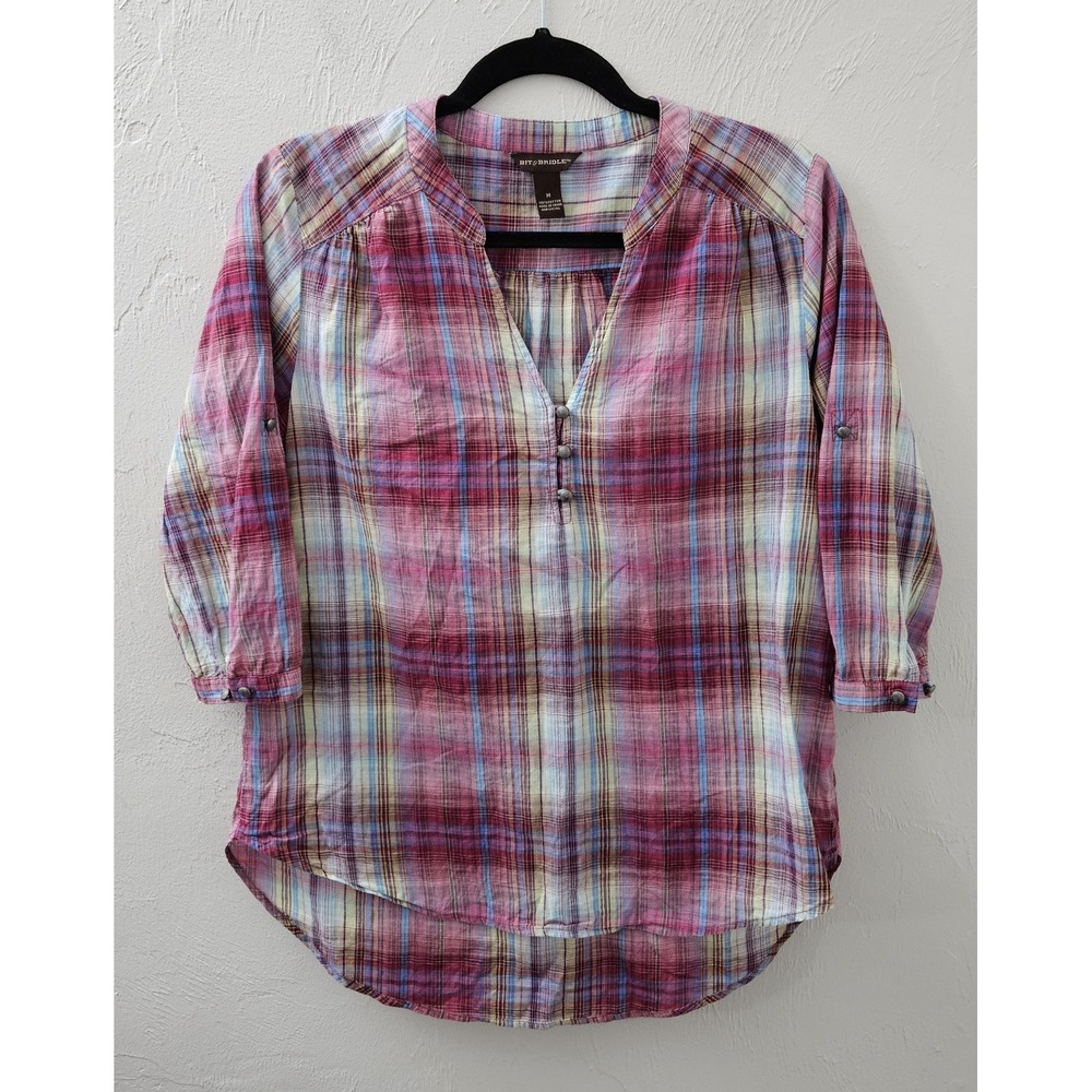 Bit & Bridle Shirt Womens Size Medium Pink Plaid Top Blouse Roll Tab 3/4 Sleeves